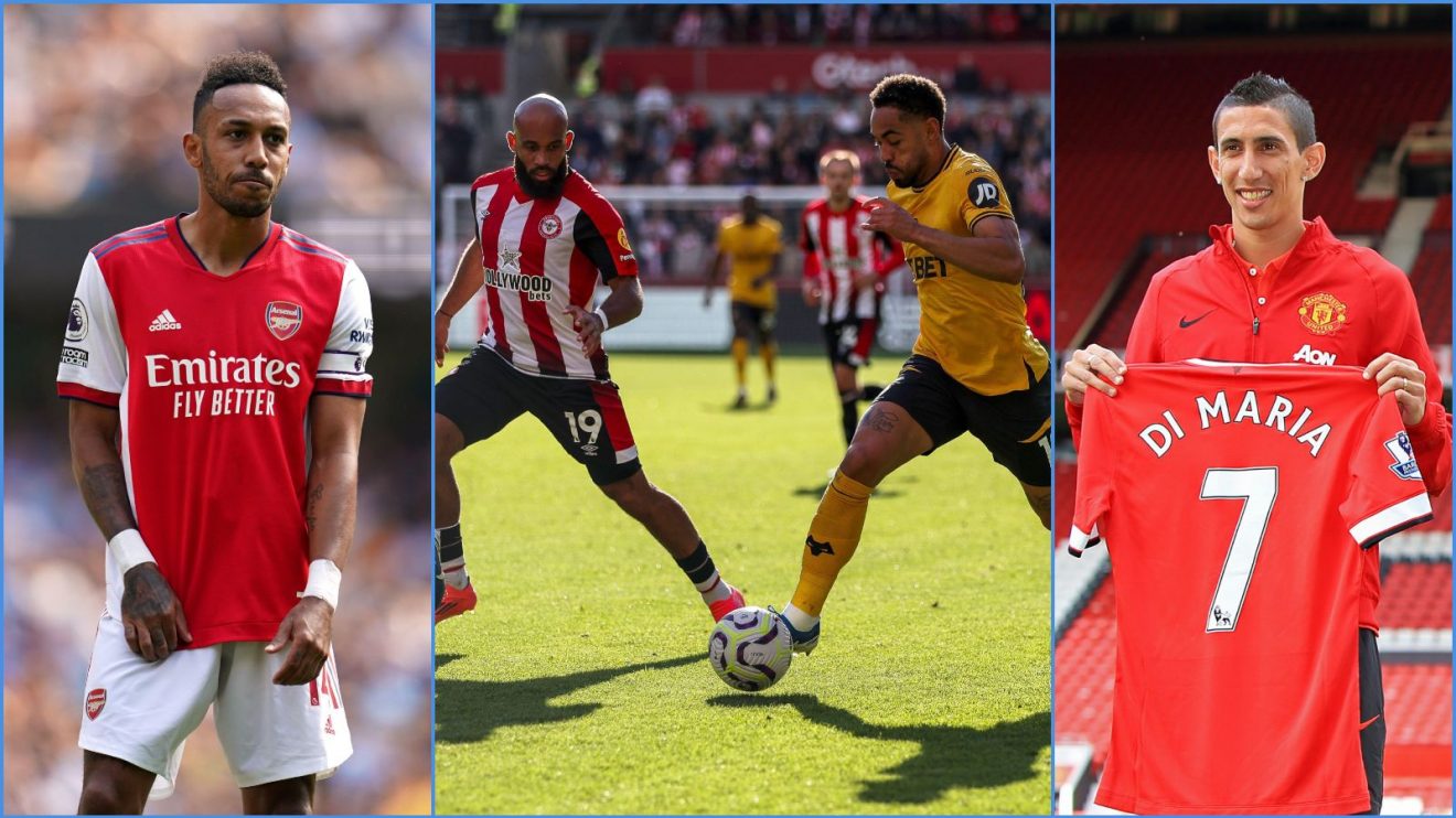 Pierre-Emerick Aubameyang, Bryan Mbeumo, Matheus Cunha and Manchester United's Angel di Maria