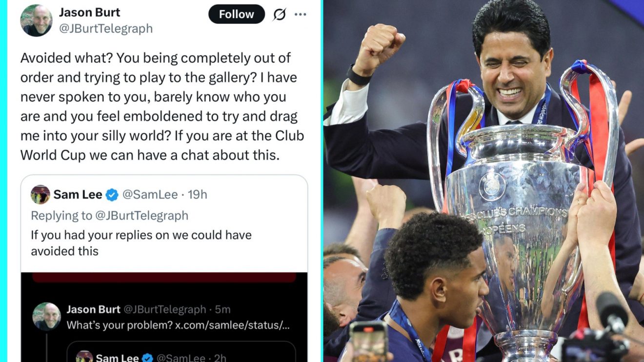 A Telegraph post on X featuring a link to a piece by Jason Burt next to an image of PSG celebrating their Champions League triumph.