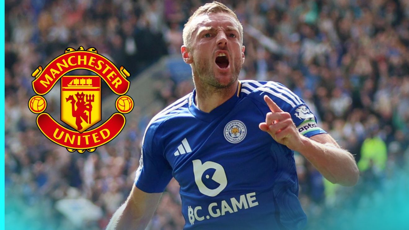 Jamie Vardy celebrates next to a Man Utd badge.