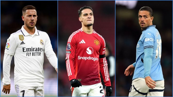 Real Madrid forward Eden Hazard, Man Utd player Antony and Jack Grealish of Manchester City
