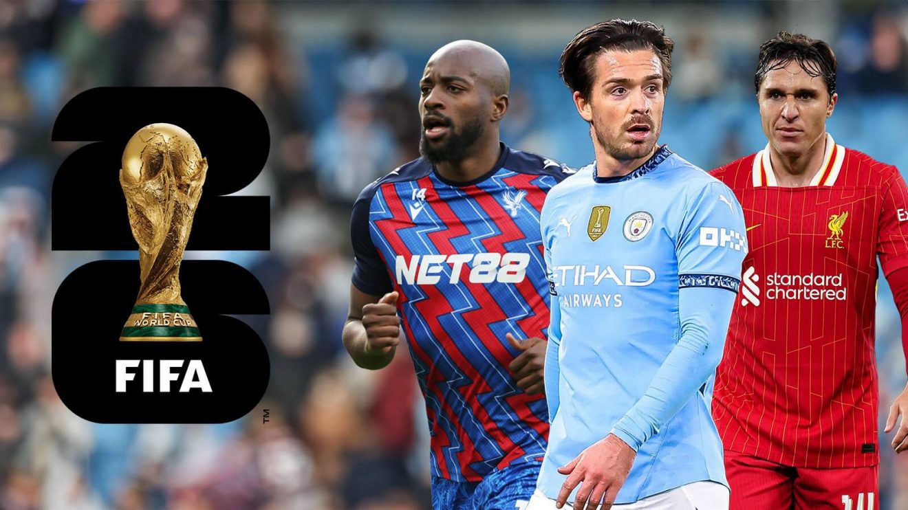 Jean-Philippe Mateta, Jack Grealish and Federico Chiesa with the 2026 World Cup logo