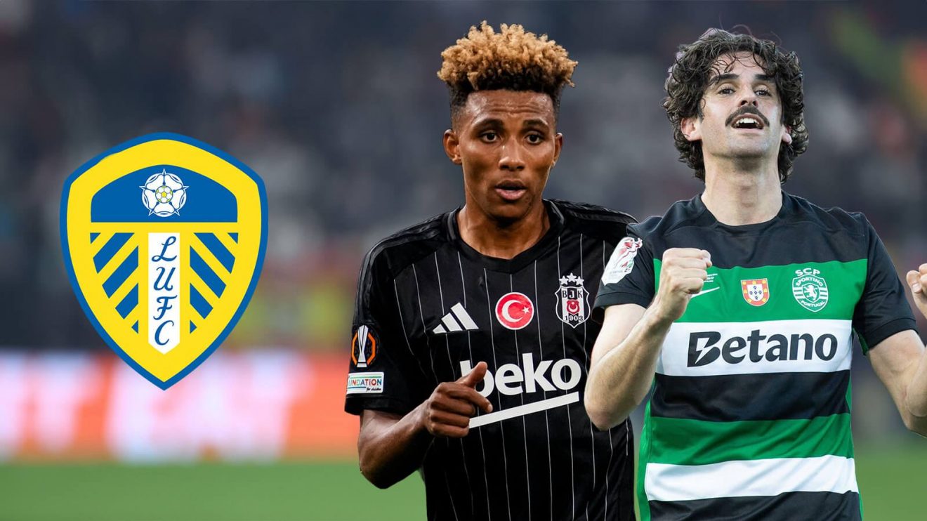 Gedson Fernandes and Francisco Trincao with the Leeds badge