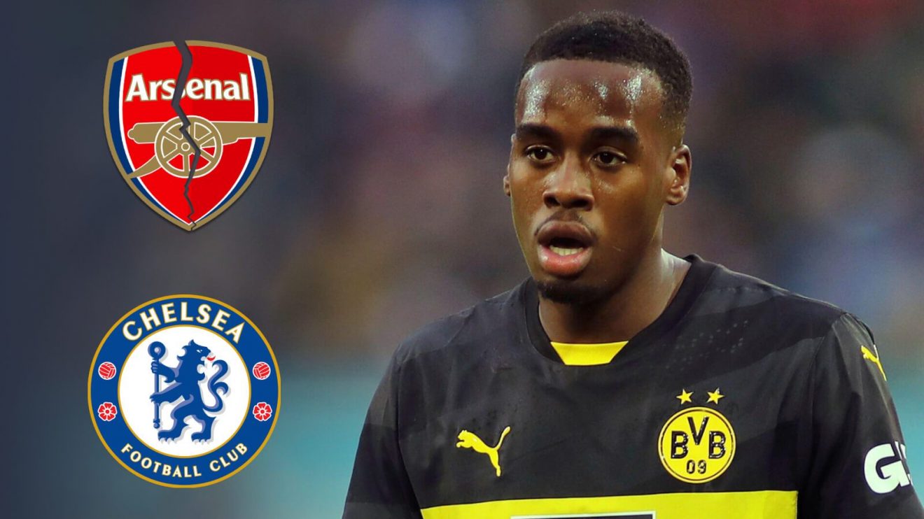 Jamie Gittens with a cracked Arsenal badge and the Chelsea badge
