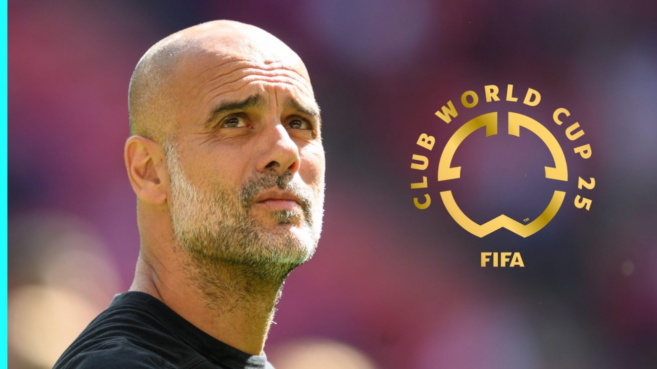 Pep Guardiola and the Club World Cup logo