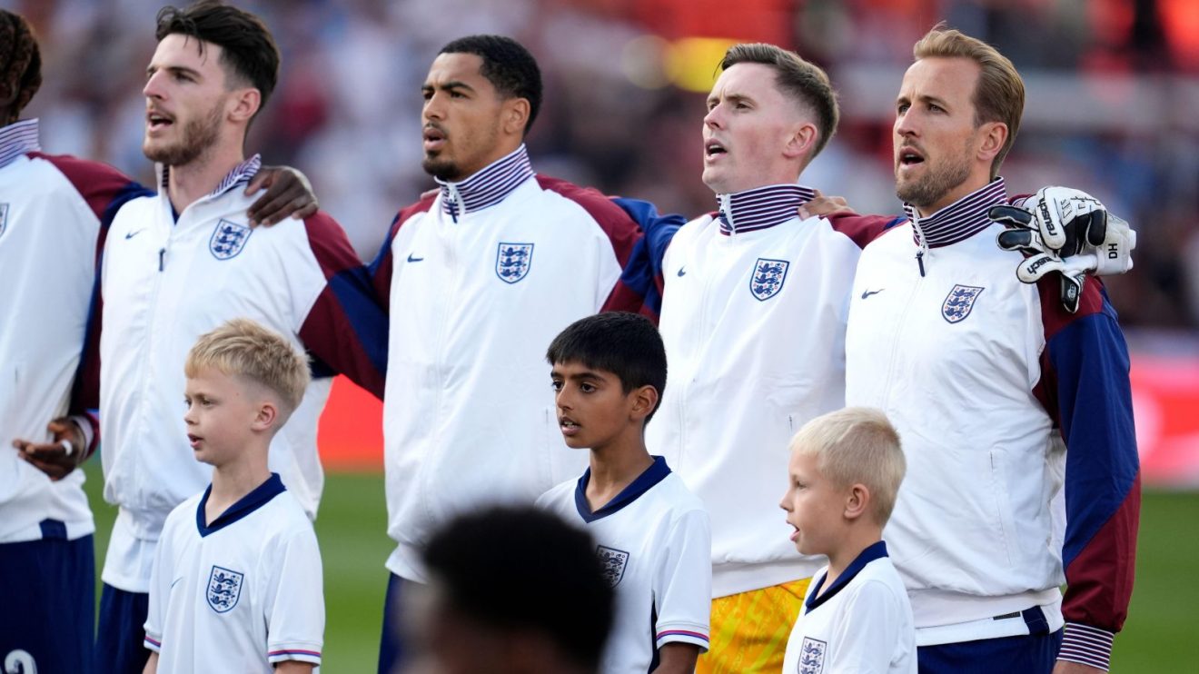 England players Declan Rice, Levi Colwill, Dean Henderson and Harry Kane line up before a friendly against Senegal
