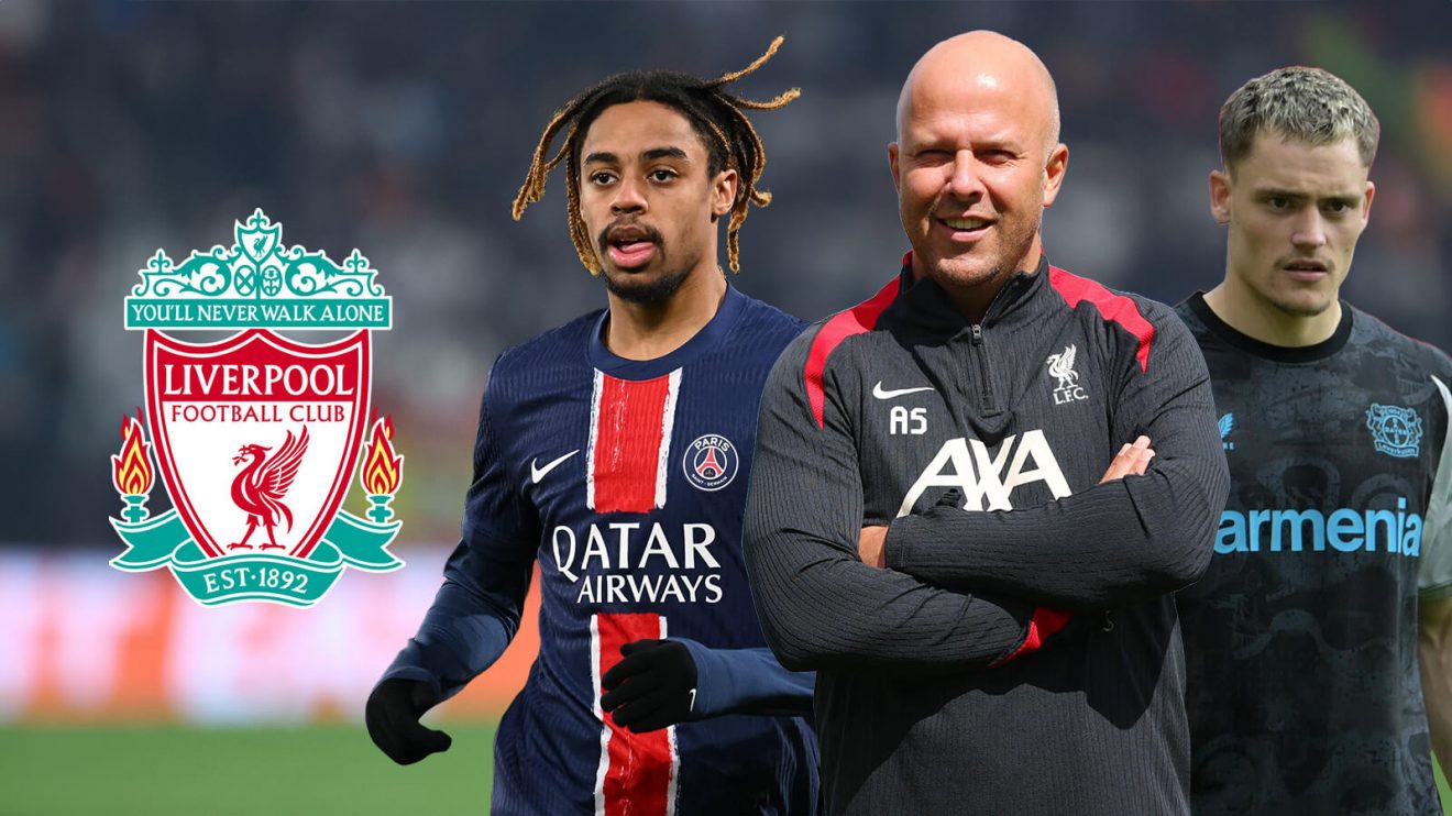 Liverpool boss Arne Slot wwith Bradley Barcola and Florian Wirtz.
