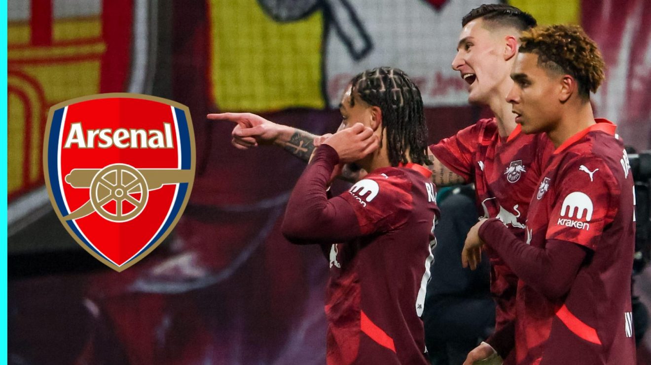 Leipzig players Benjamin Sesko, Antonio Nusa and Xavi Simons with the Arsenal badge