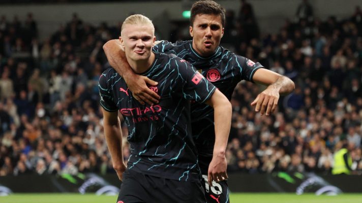 Man City duo Erling Haaland and Rodri celebrate a goal
