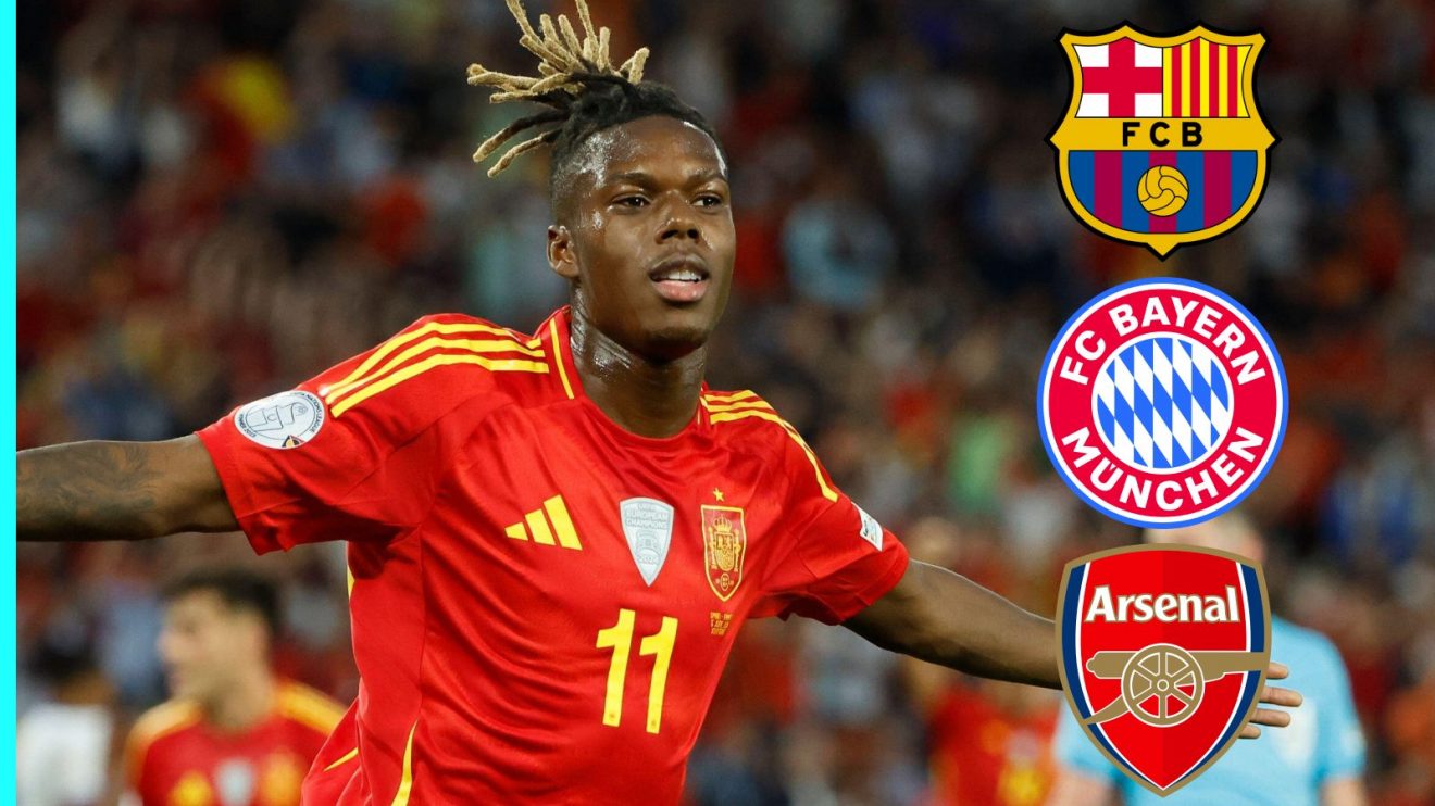 Nico Williams with the Barcelona, Bayern and Arsenal badges