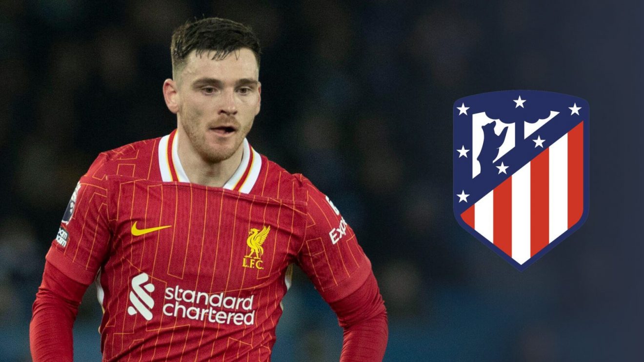 Liverpool defender Andy Robertson with the Atletico Madrid badge