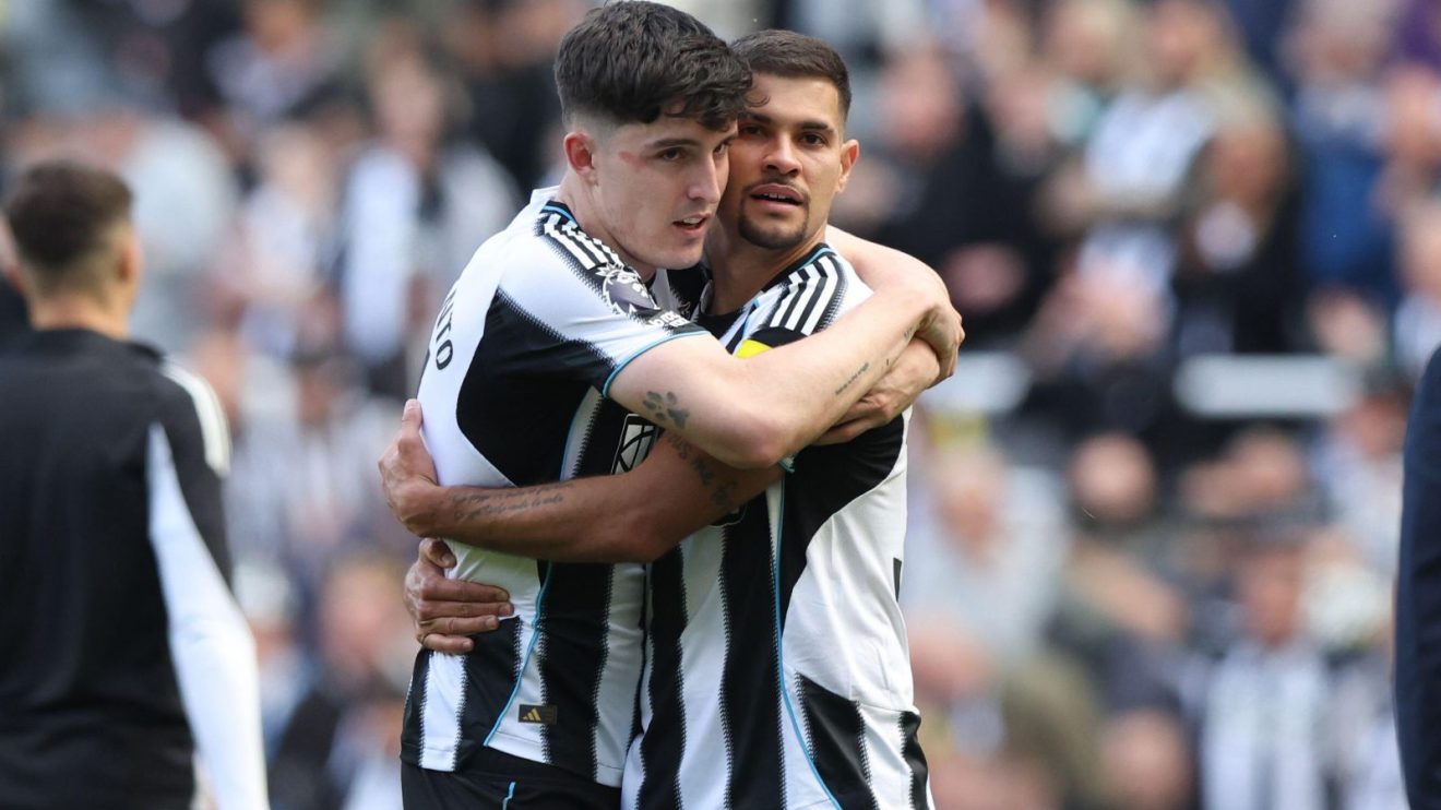 Bruno Guimaraes and Tino Livramento of Newcastle United react after a match