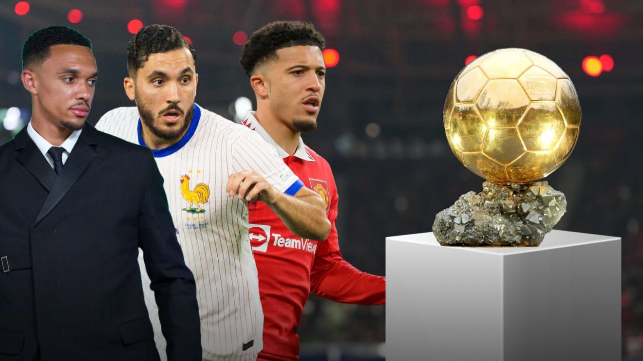 Trent Alexander-Arnold, Rayan Cherki and Jadon Sancho with the Ballon d'Or trophy