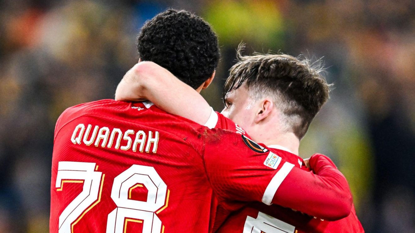 Liverpool players Jarell Quansah and Ben Doak celebrate
