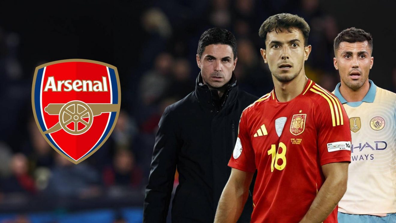 Martin Zubimendi, Mikel Arteta and Rodri with the Arsenal badge
