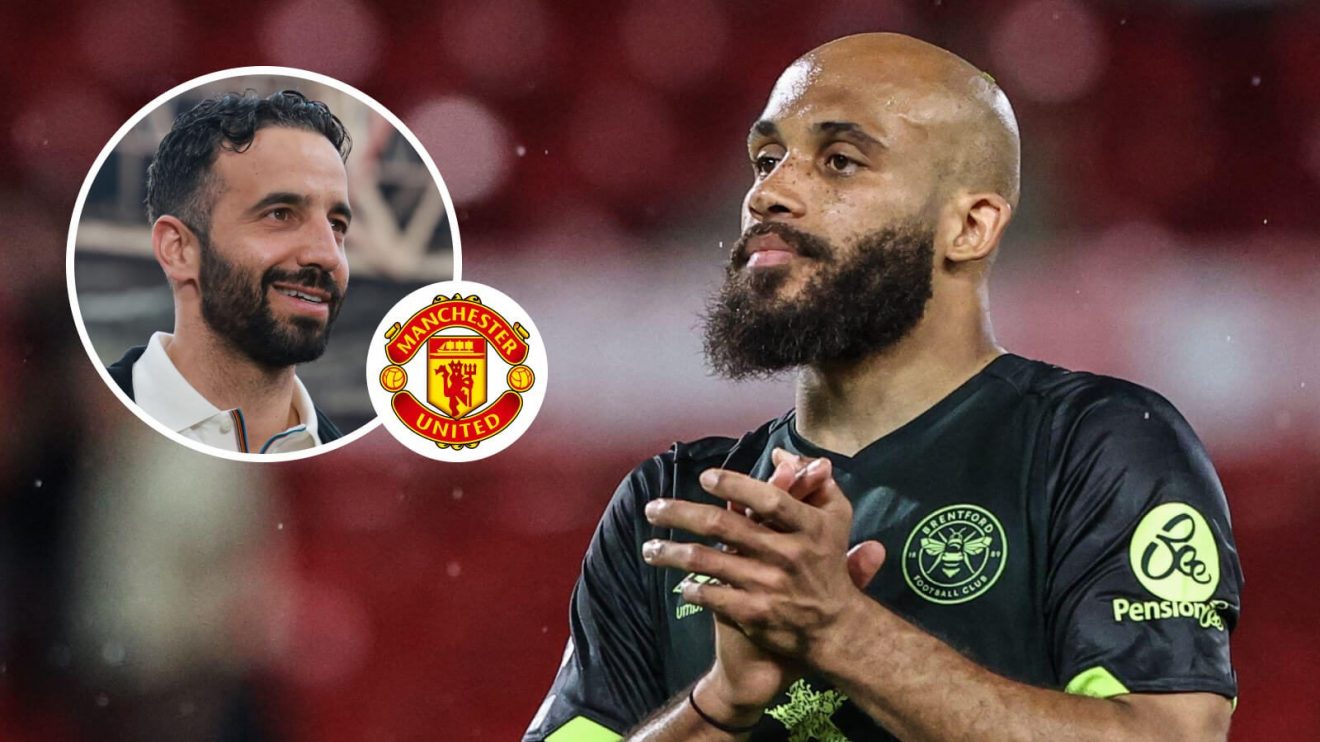 Man Utd badge, Ruben Amorim and Bryan Mbeumo