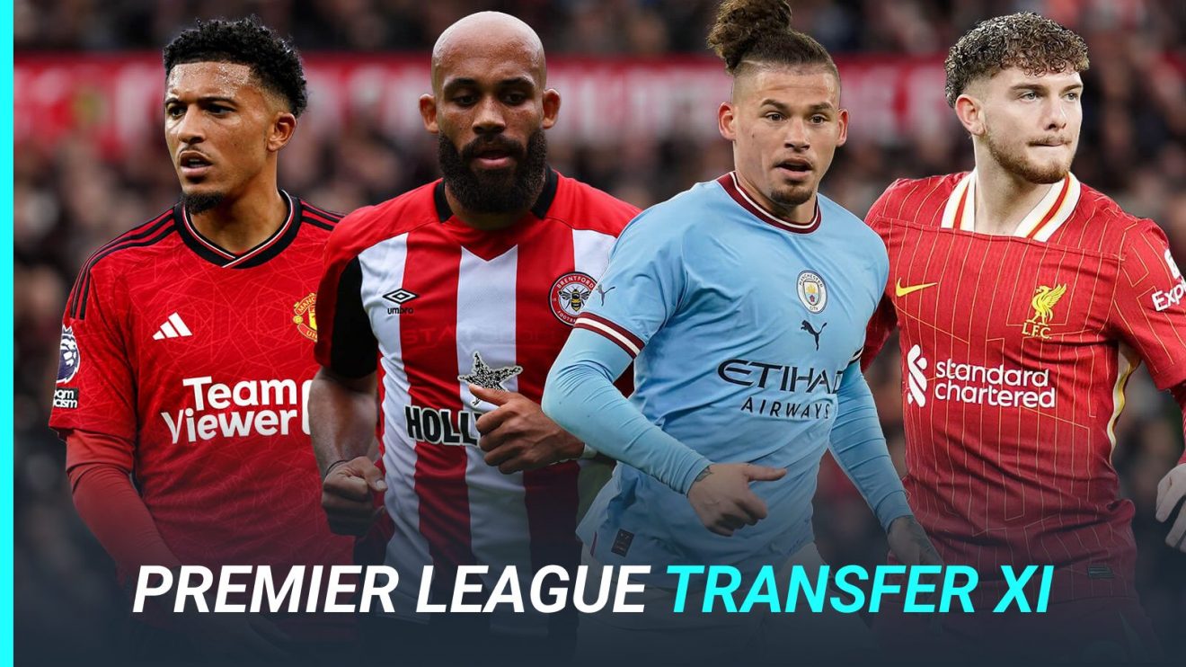 Premier League transfer XI graphic with Jadon Sancho (Man Utd), Bryan Mbeumo (Brentford), Kalvin Phillips (Man City) and Harvey Elliott (Liverpool)