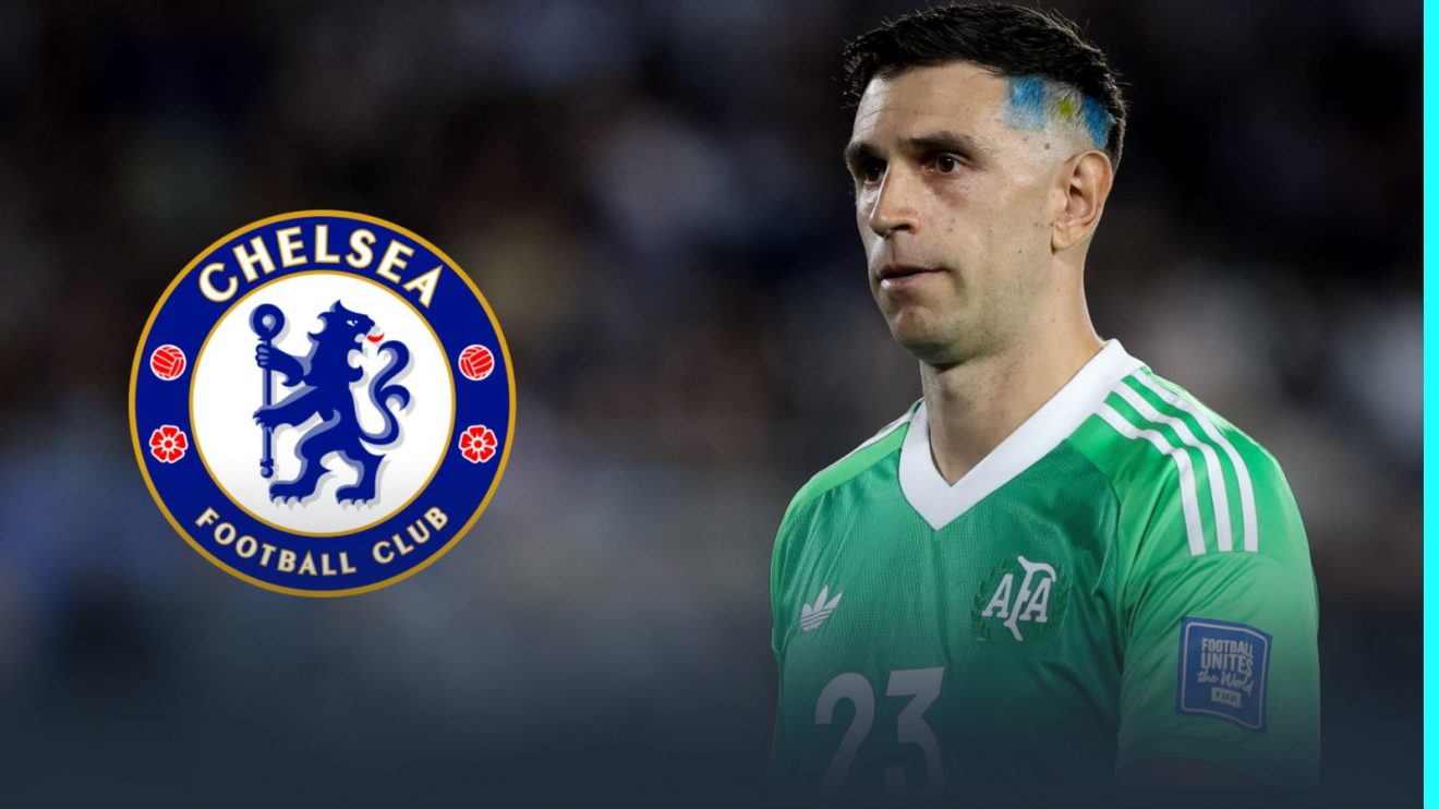 Aston Villa goalkeeper Emiliano Martinez with the Chelsea badge