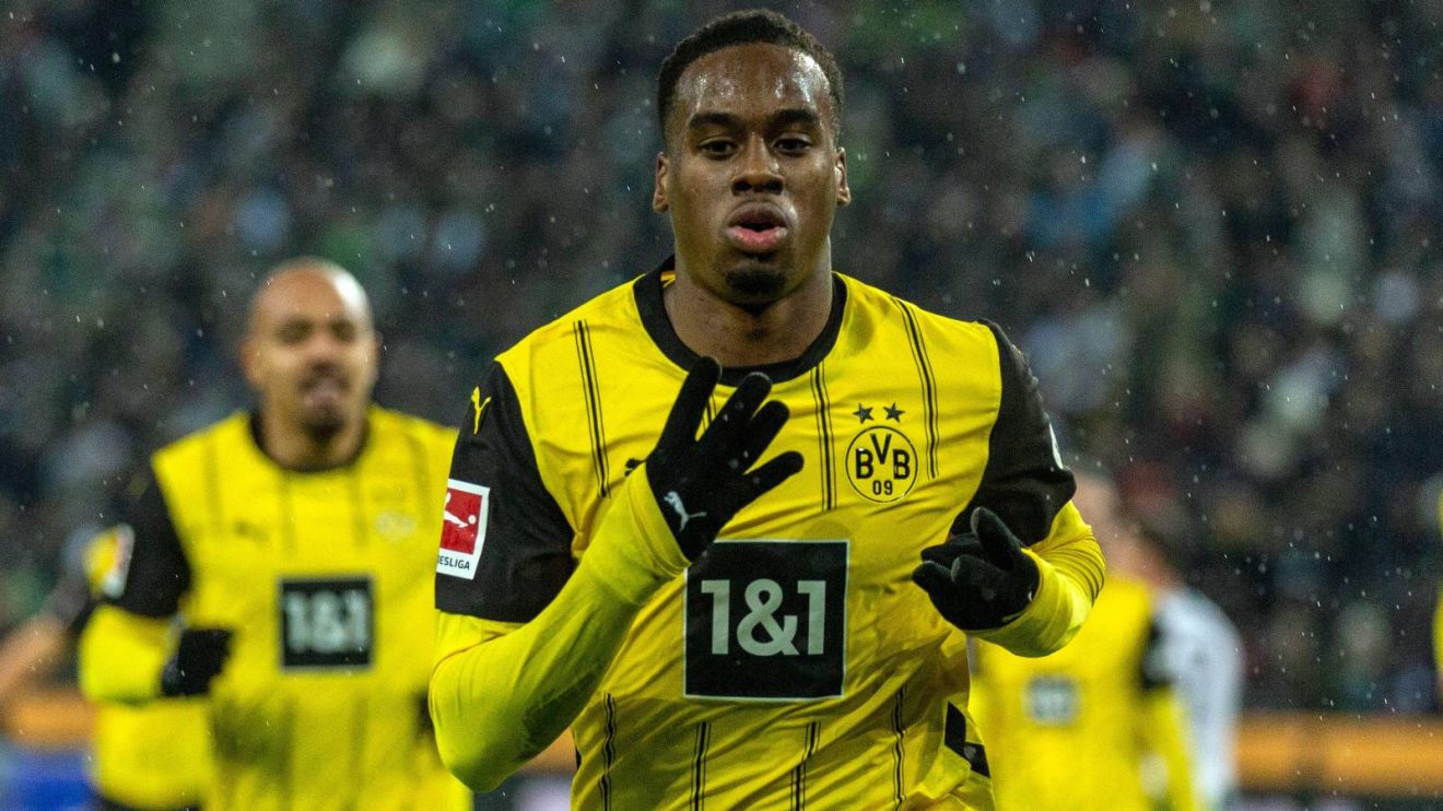 Chelsea-bound Borussia Dortmund winger Jamie Gittens celebrates a goal