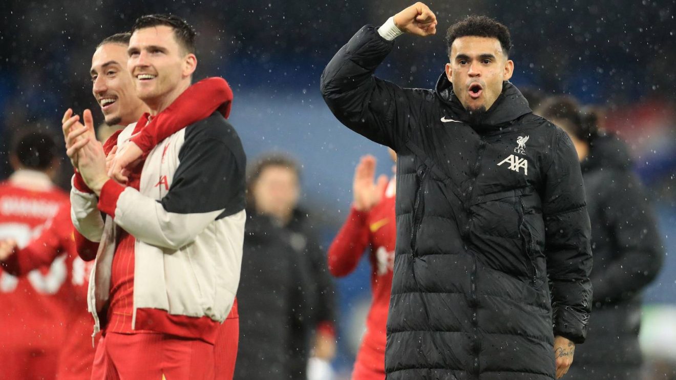 Liverpool winger Luis Diaz celebrates in front of the fans
