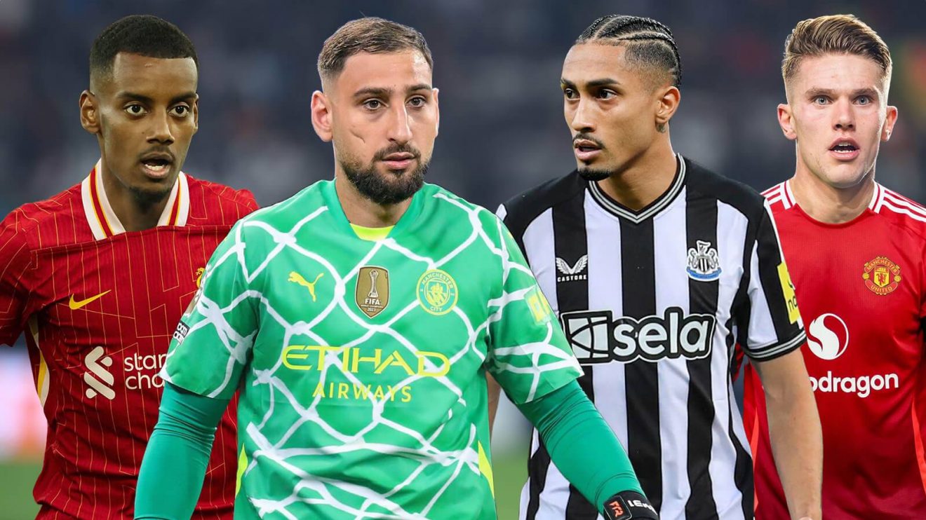Alexander Isak in the Liverpool kit, Gianluigi Donnarumma in the Man City goalkeeper kit, Raphinha in the Newcastle kit, and Viktor Gyokeres in the Man Utd kit