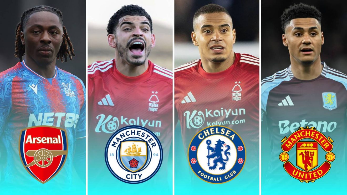 Eberechi Eze with the Arsenal badge, Morgan Gibbs-White with the Man City badge, Murillo with the Chelsea badge, and Ollie Watkins with the Man Utd badge