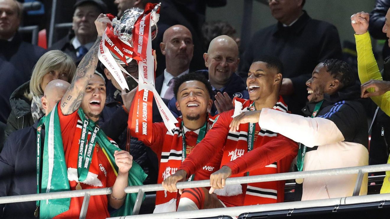 Man Utd players Antony, Jadon Sancho and Marcus Rashford celebrate