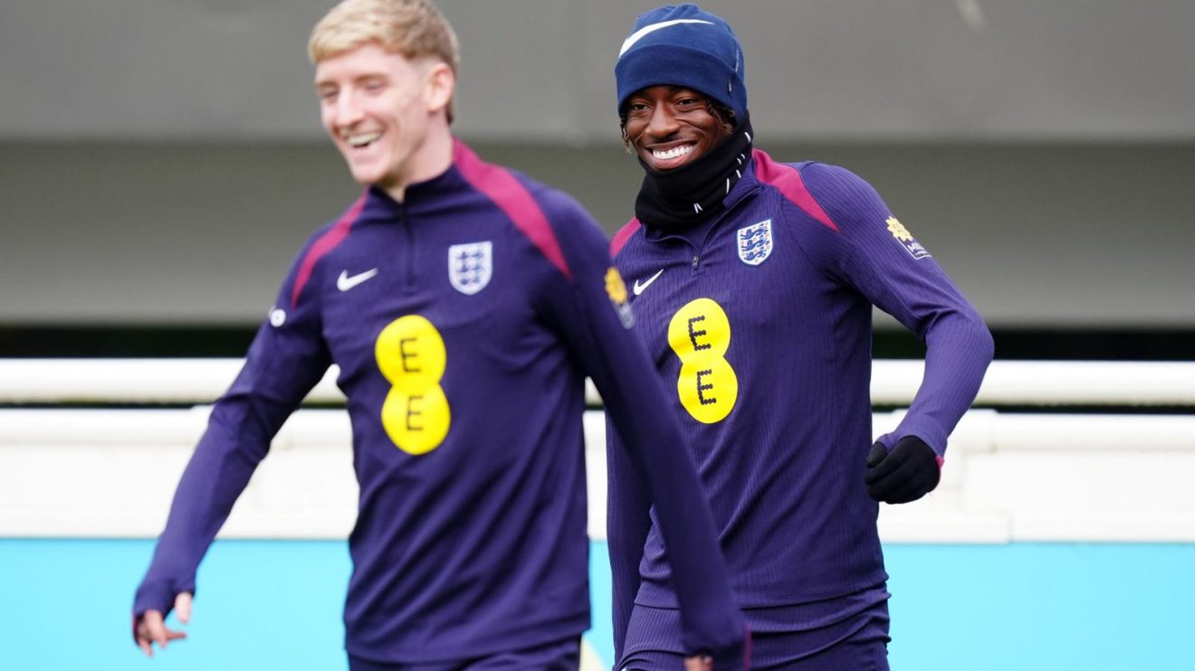 Arsenal transfer target Noni Madueke and Anthony Gordon during an England training session