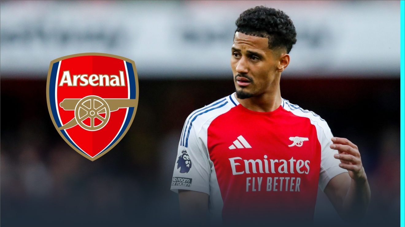 The Arsenal badge and William Saliba