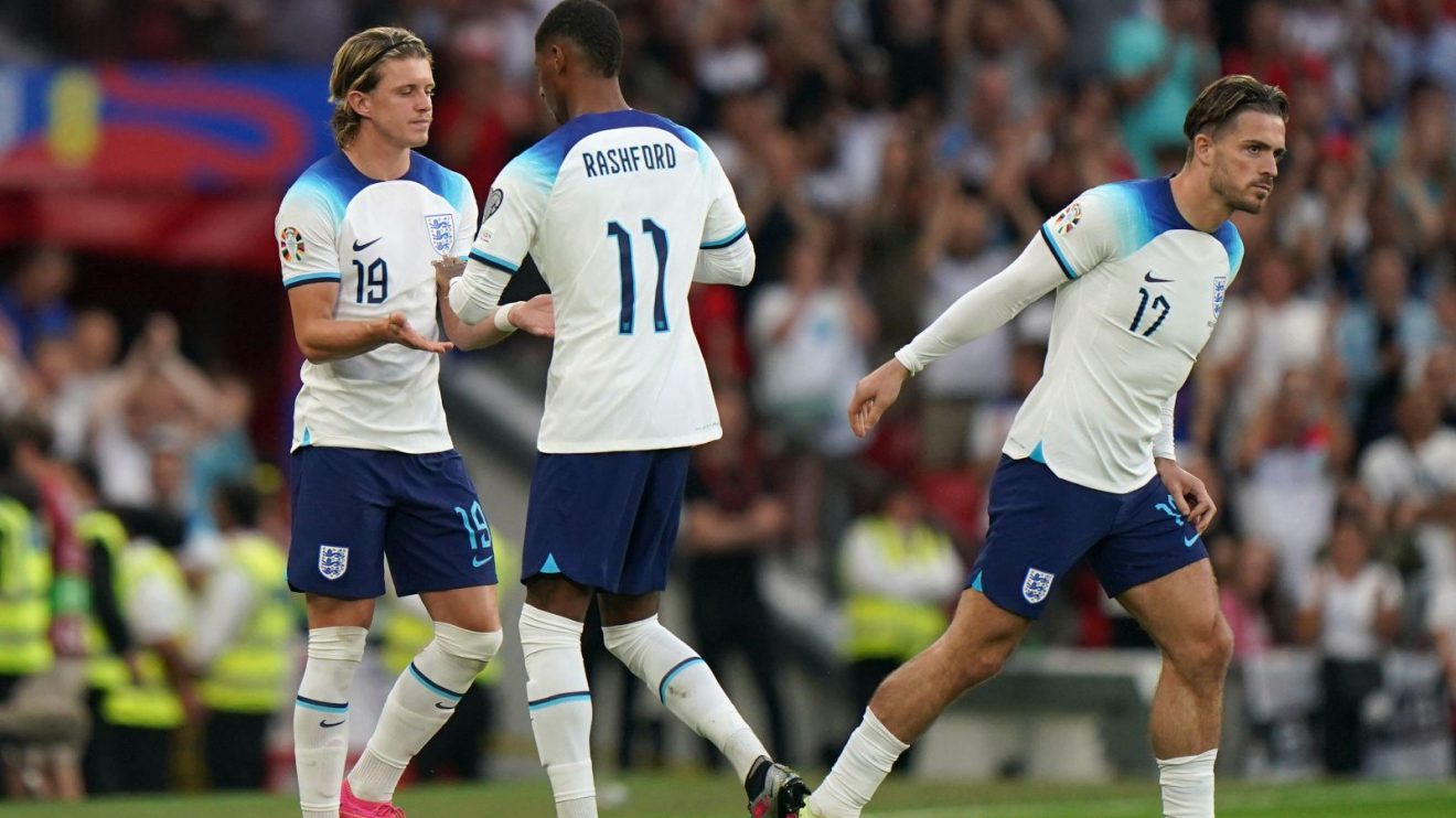 Jack Grealish, Marcus Rashford and Conor Gallagher during a match