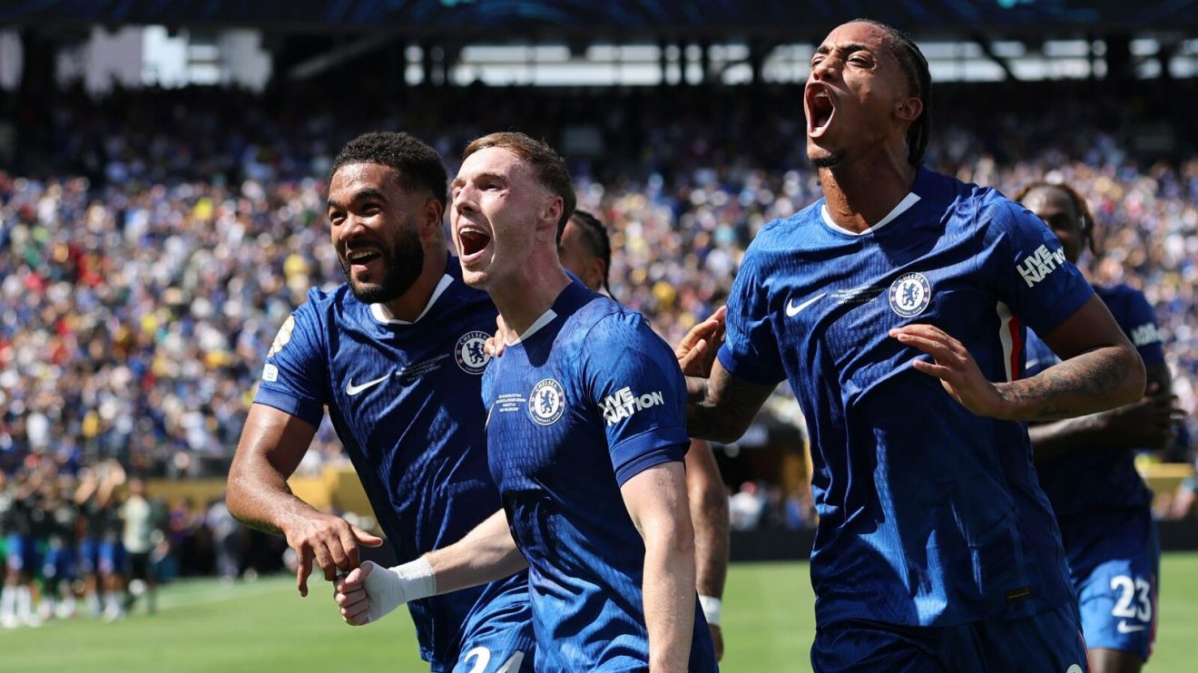 Cole Palmer celebrates after scoring his and Chelsea's second goal in a 3-0 win over PSG in the Club World Cup final