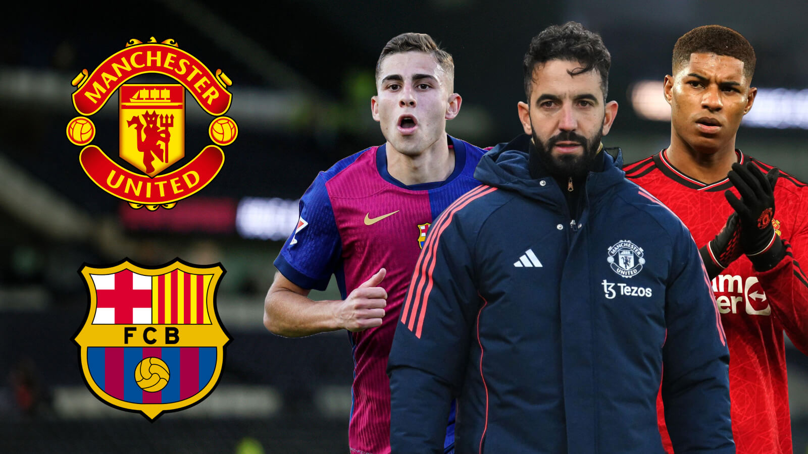 F365 Fermin Lopez Ruben Amorim Marcus Rashford with Man utd Barcelona badges 1