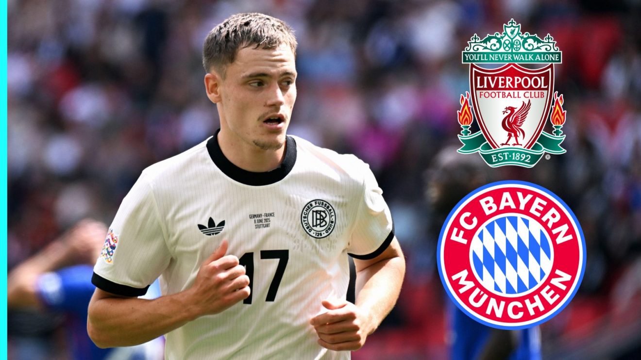 Florian Wirtz with the Liverpool and Bayern badge