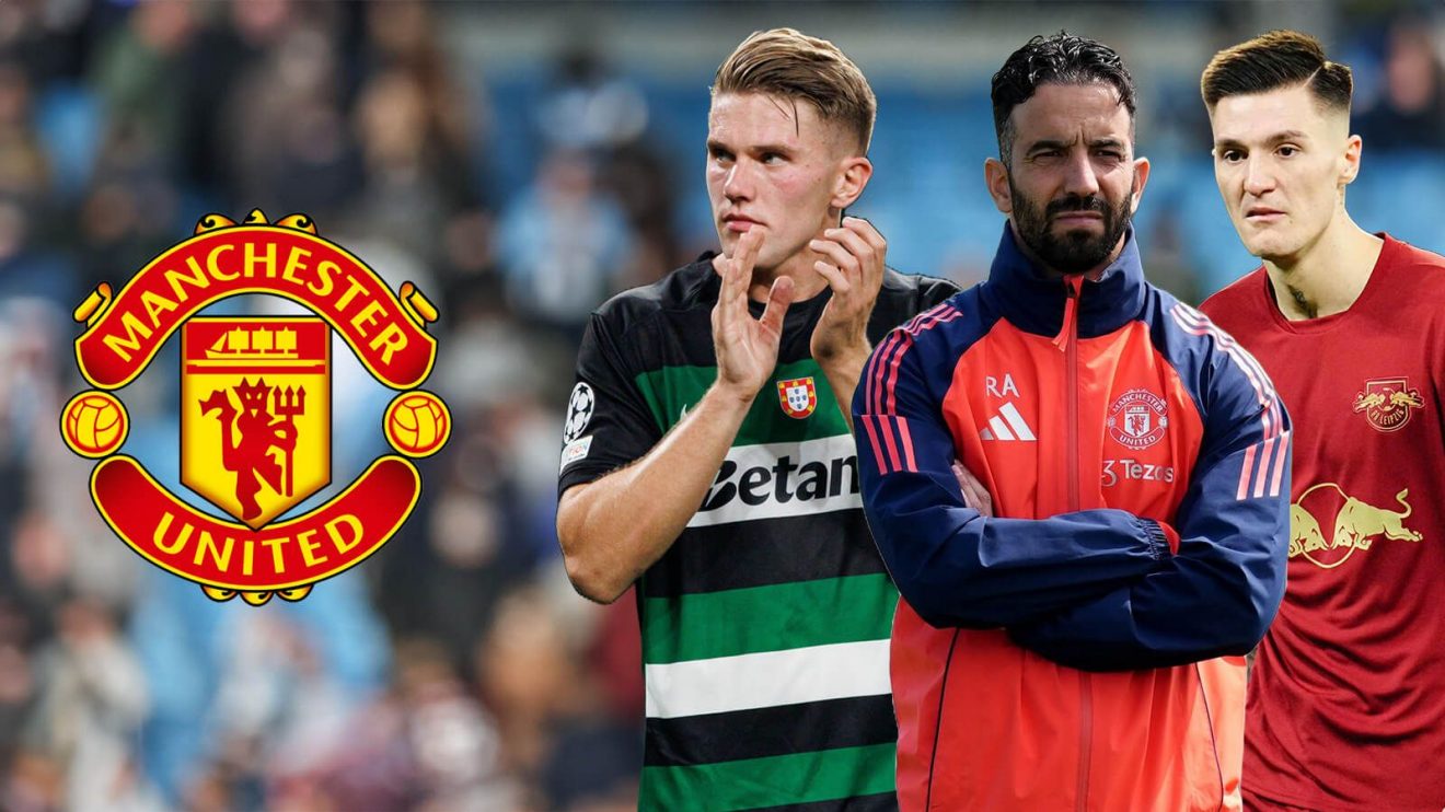 Ruben Amorim, Viktor Gyokeres and Benjamin Sesko with the Manchester United badge