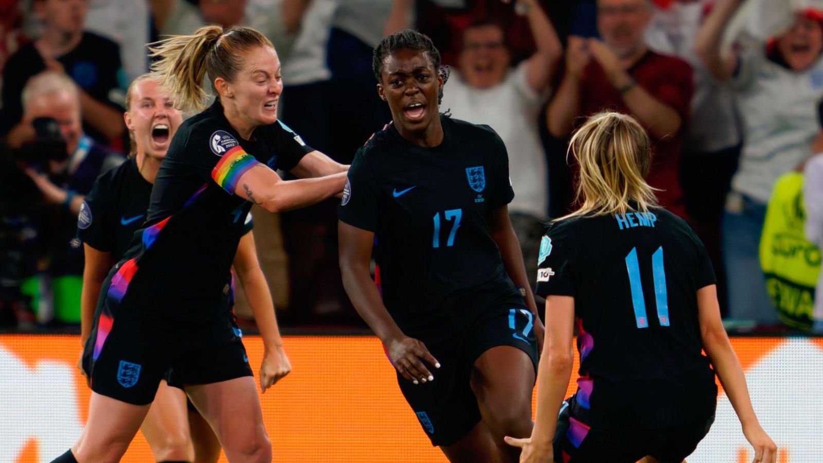 Michelle Agyemang celebrates her goal for England against Italy at Euro 2025