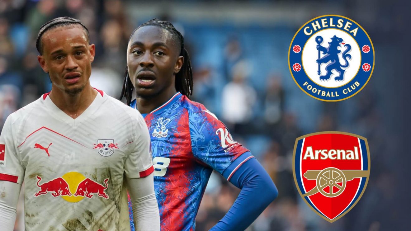 Xavi Simons and Eberechi Eze with the Chelsea and Arsenal badges