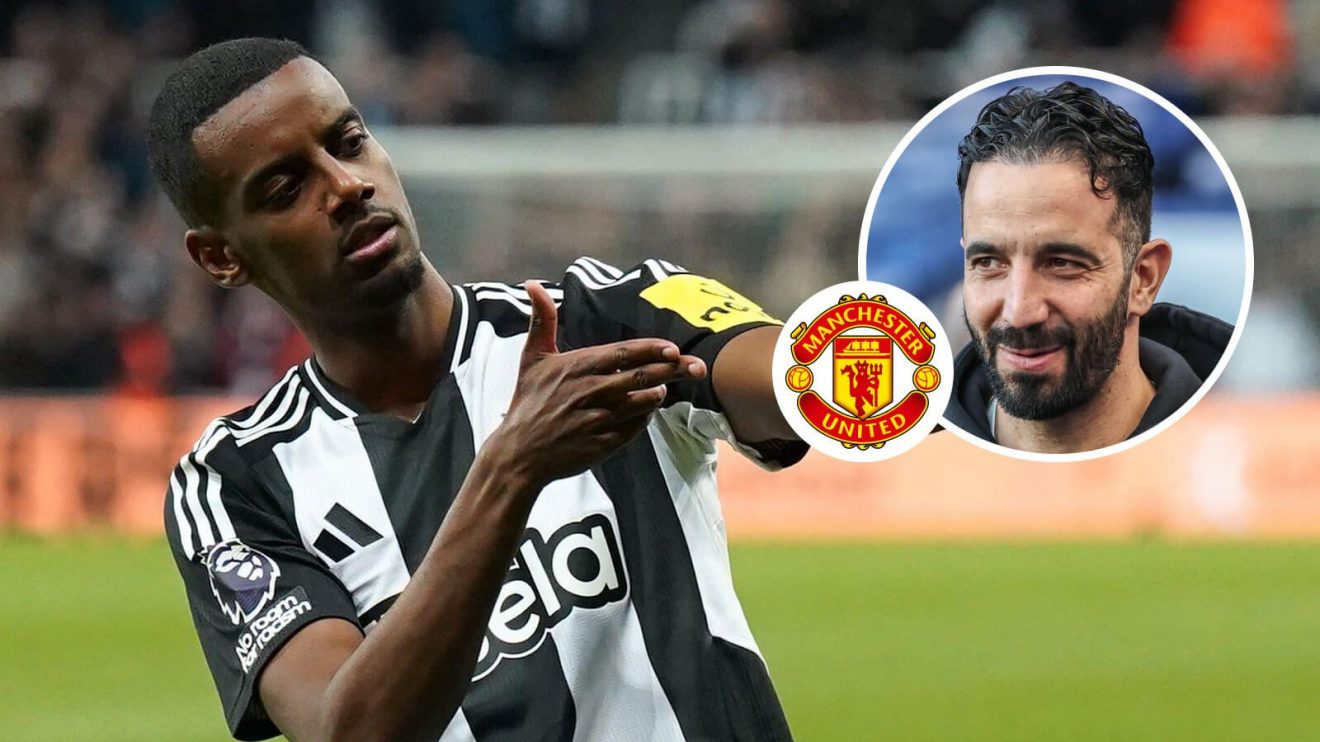 Newcastle striker Alexander Isak with Ruben Amorim and the Manchester United badge