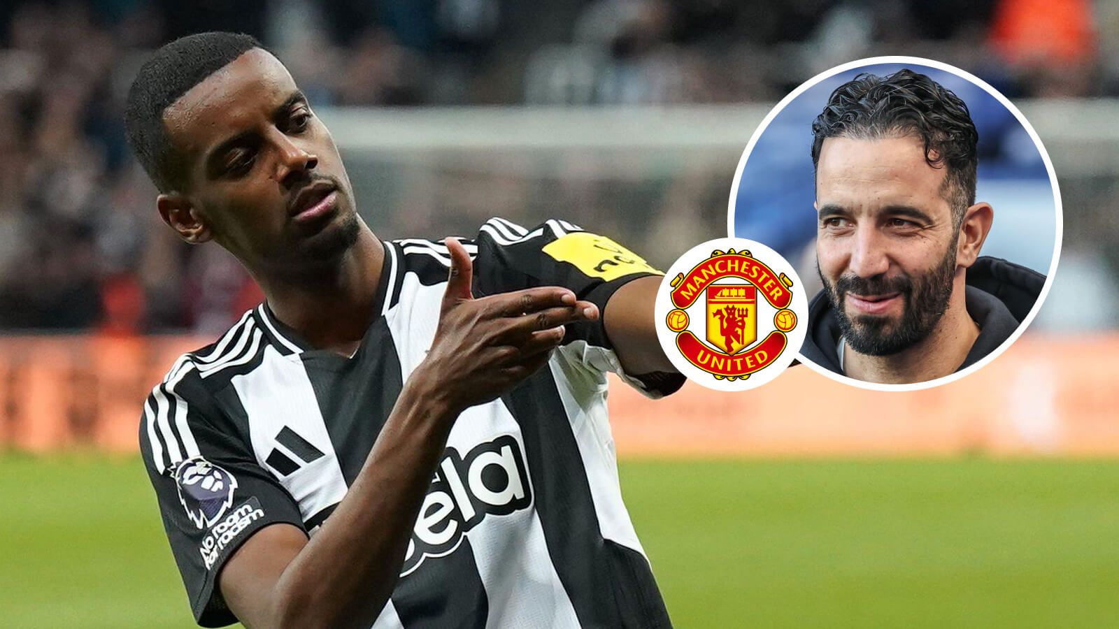 Newcastle striker Alexander Isak with Ruben Amorim and the Manchester United badge