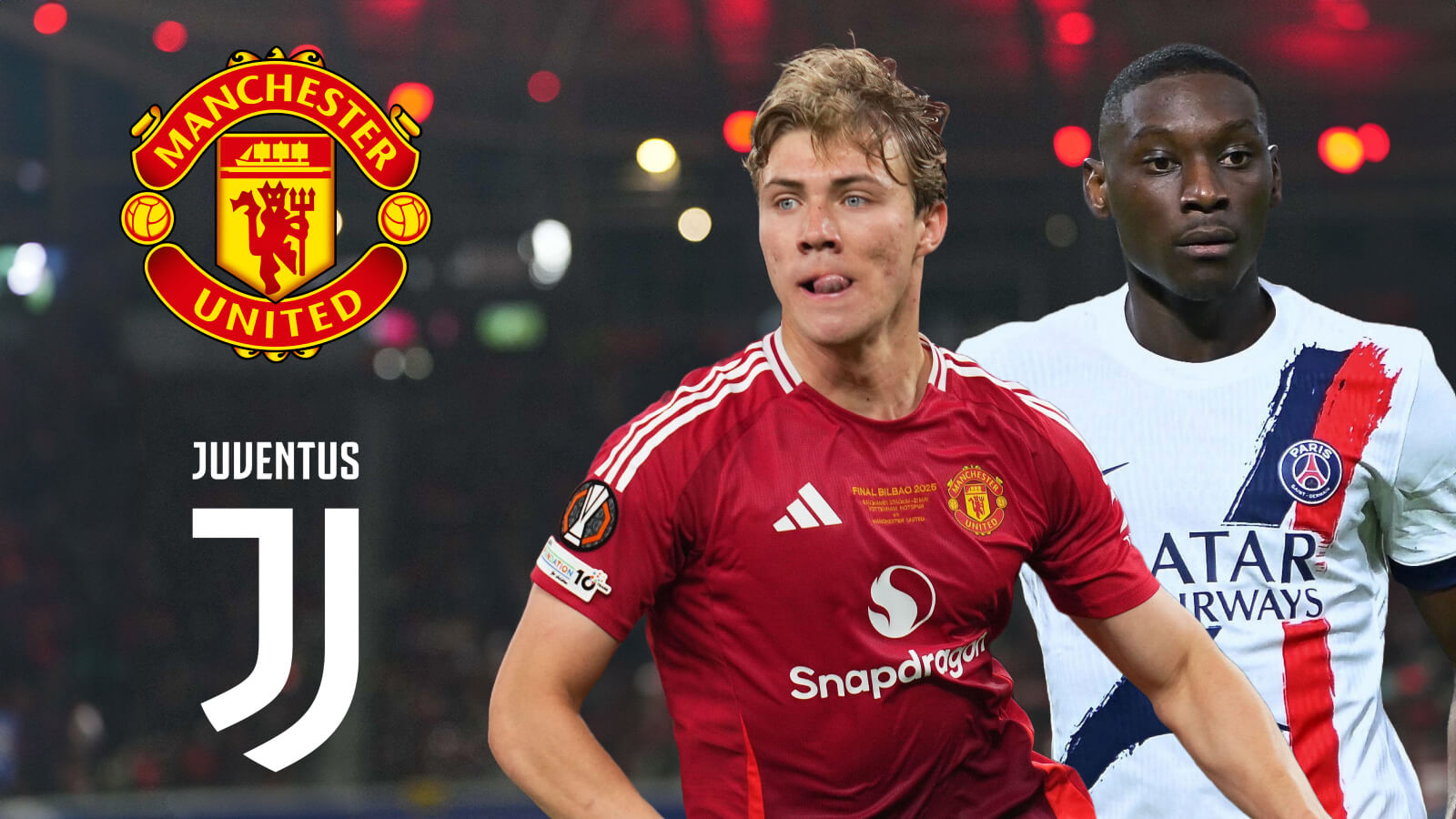 F365 Rasmus Hojlund Randal Kolo Muani with Man utd Juventus badges 1
