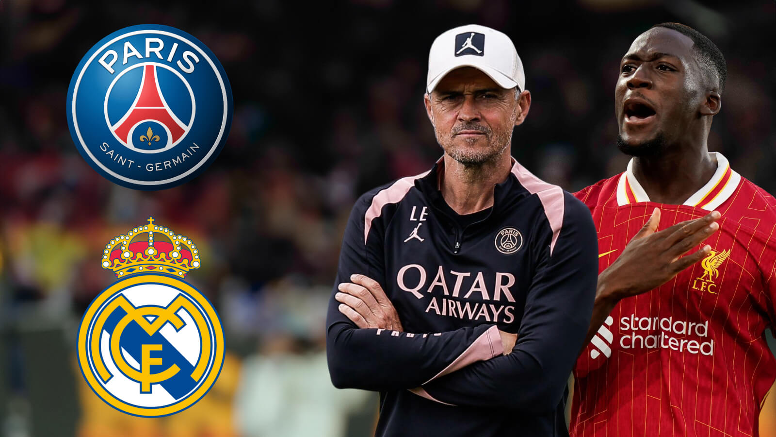 F365 Ibrahima Konate Luis Enrique with PSG and Real Madrid badges 1