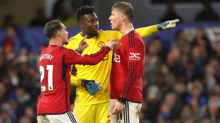 Man Utd trio Antony, Rasmus Hojlund and Andre Onana face off during a match