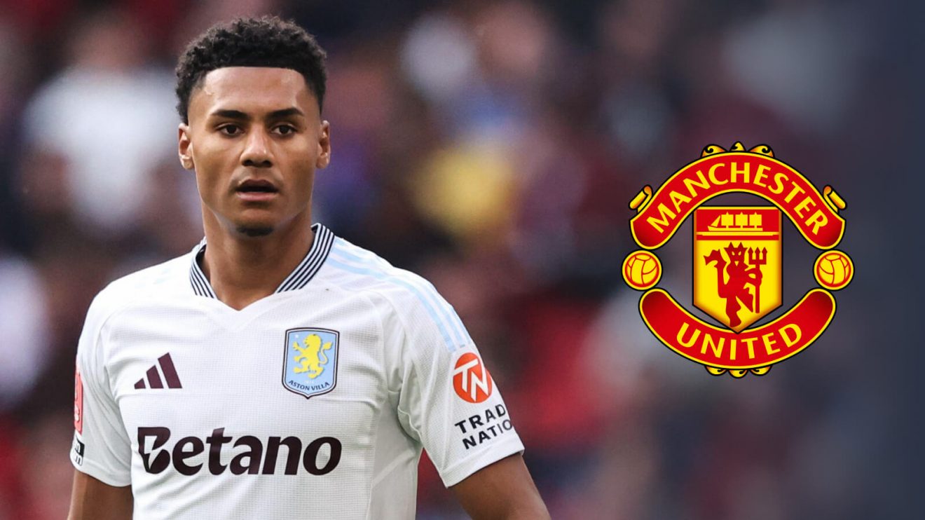 Ollie Watkins with the Man Utd badge.
