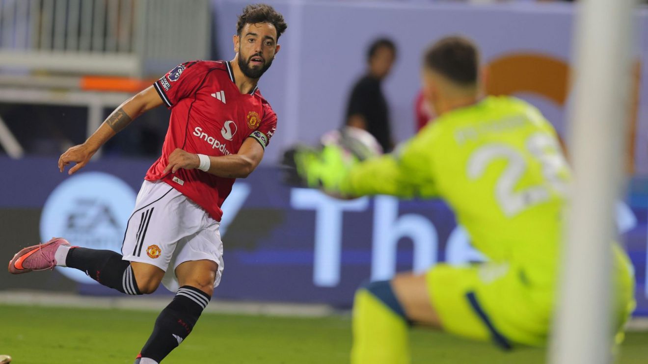 Bruno Fernandes has a shot saved