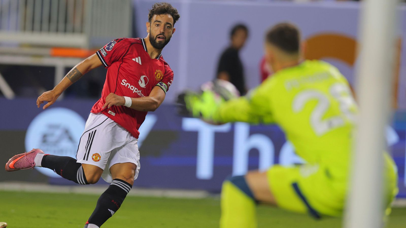 Bruno Fernandes has a shot saved