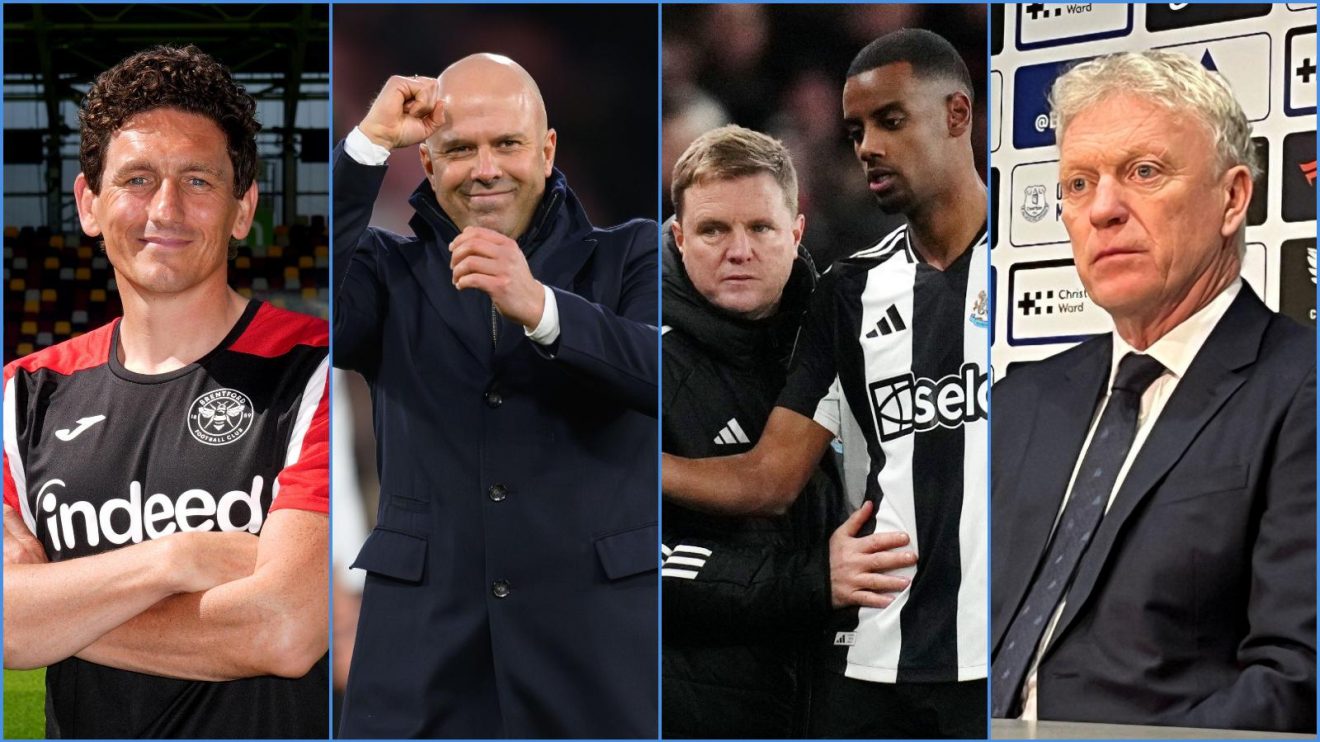 Premier League managers Keith Andrews, Arne Slot, Eddie Howe (with Alexander Isak), David Moyes