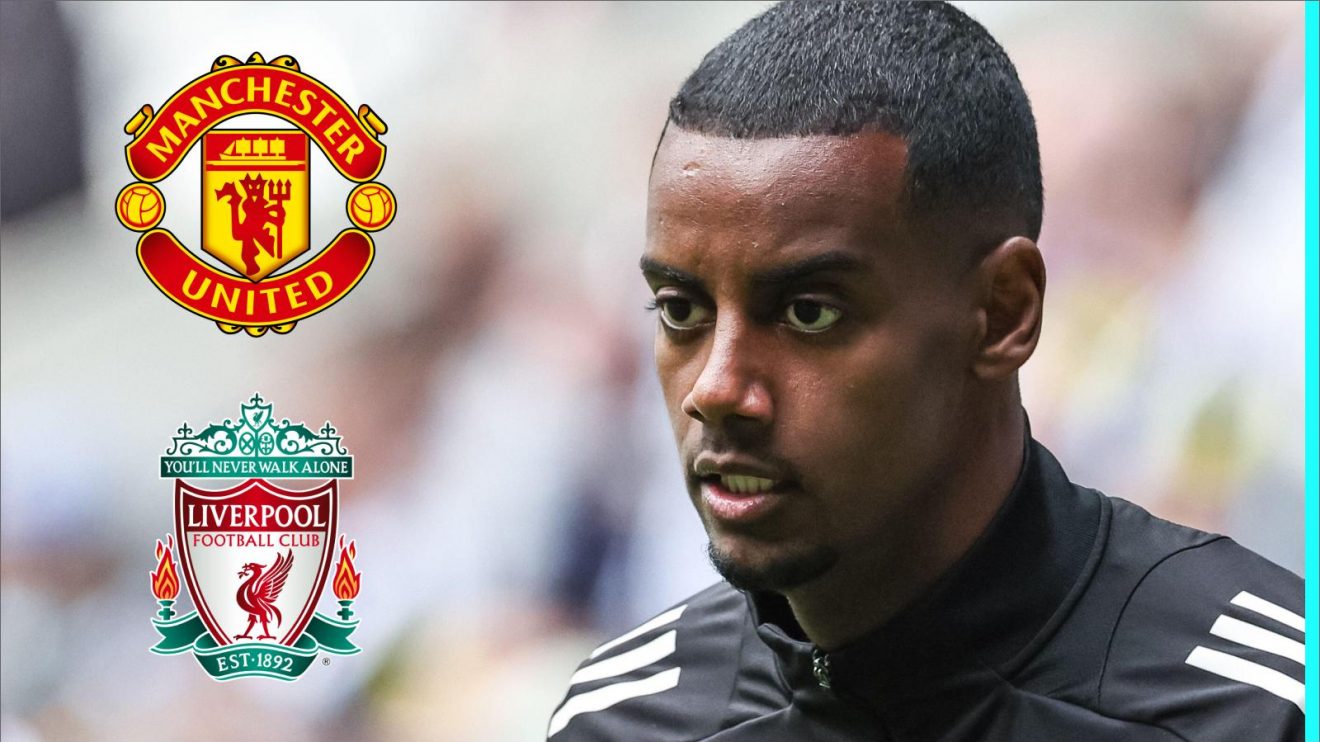 Alexander Isak with the Man Utd and Liverpool badges