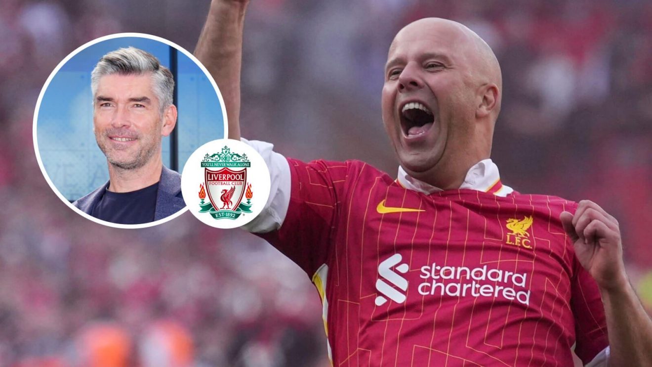 Arne Slot celebrating in a red Liverpool top from last season with a small image of Richard Hughes smiling in a circle and the Liverpool badge next to him