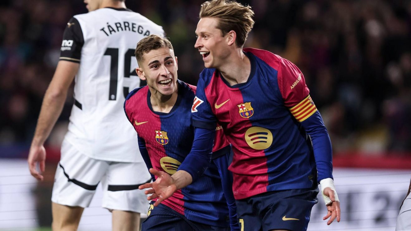 Man Utd-linked Barcelona midfielders Frenkie de Jong and Fermin Lopez celebrate a goal