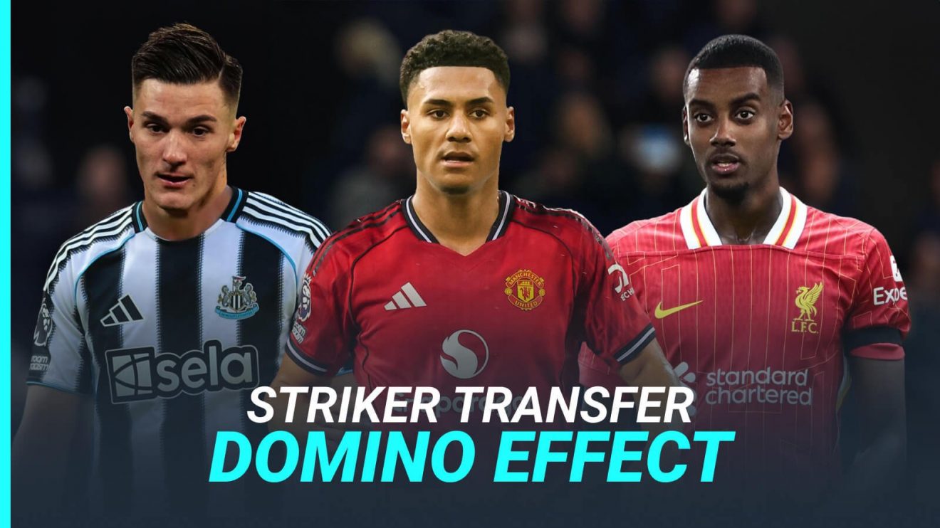 Benjamin Sesko in a Newcastle top, Ollie Watkins in a Man Utd top and Alexander Isak in a Liverpool top