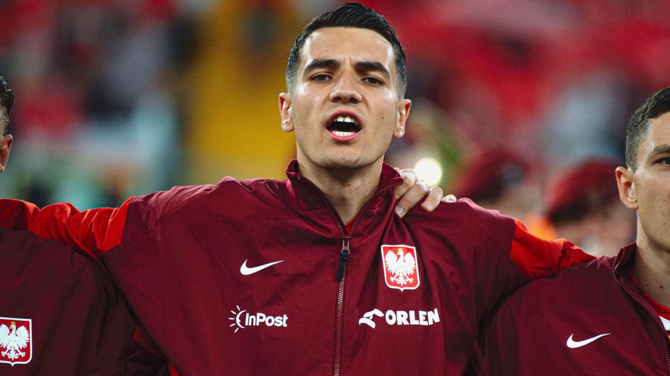 Arsenal defender Jakub Kiwior during the Polish national anthem