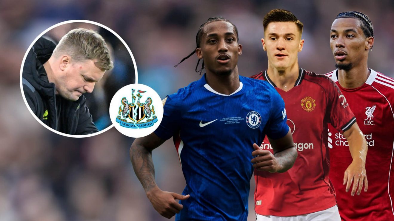 Joao Pedro, Hugo Ekitike and Benjamin Sesko in a Man Utd kit, Eddie Howe in a circle, cracked Newcastle badge in a circle